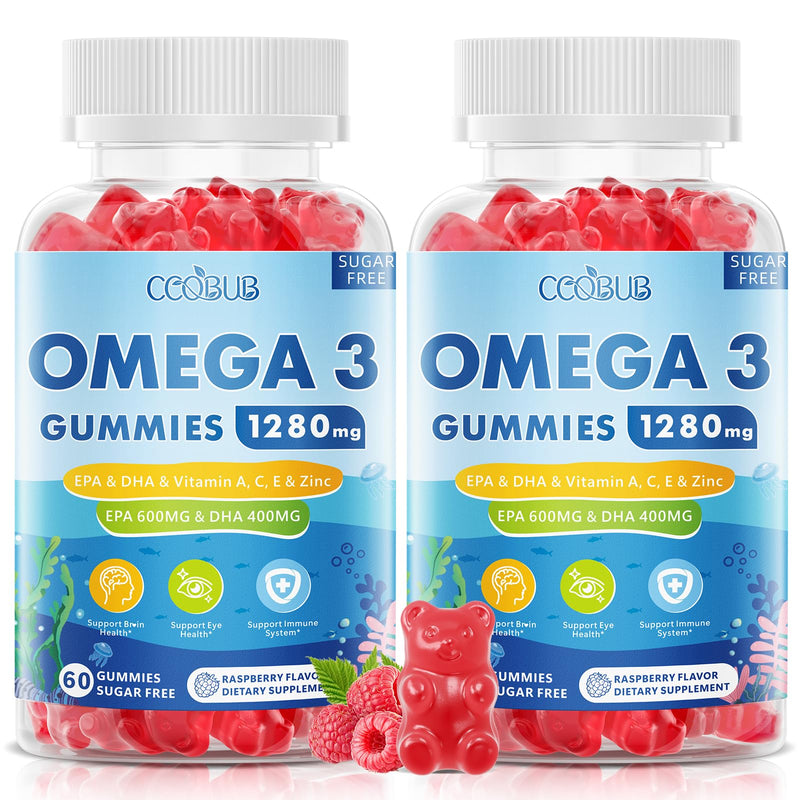 Omega 3 Gummies 1280mg, Omega 3 Supplements for Women, Raspberry,120 Count | Vegan Omega 3 Fatty Acid Supplements, w/EPA 600mg & DHA 400mg &Vitamins - for Brain, Eye, Immune Health, Sugar Free