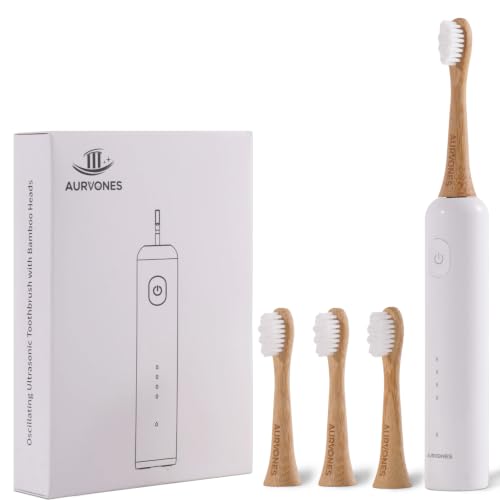 Ultrasonic Oscillating Electric Toothbrush with Bamboo Heads White