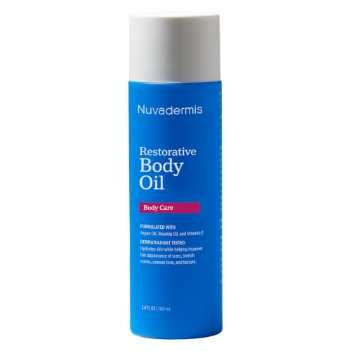 NUVADERMIS Restorative Body Oil for Scars, Stretch Marks & Dry Skin | Argan Oil, Rosehip Oil & Vitamin E | Lightweight, Fast-Absorbing Body Oil | 3.4 fl oz