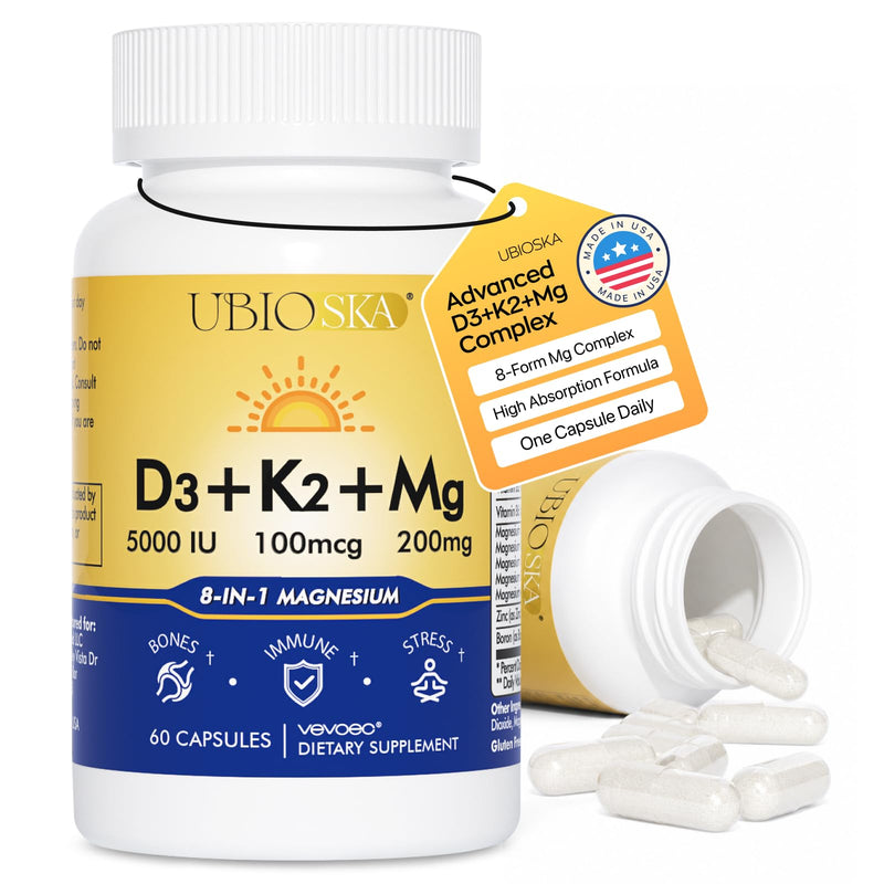 Vitamin D3 K2 Magnesium,Supplement 5000 IU Vitamin D3 & MK-7 K2 with 8-in-1 Magnesium Complex, Magnesium Glycinate, Malate & Taurate for Daily Wellness Support(2 Pack) 1 Count (Pack of 2)