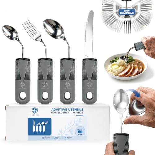 Holotap Adaptive Utensils for Hand Tremors,Elderly 270° Adjustable 4PCS Gray