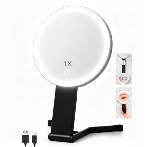 40X/1X Double-Sided Travel Magnifying Mirror with Light for Detailed Makeup Black-40x
