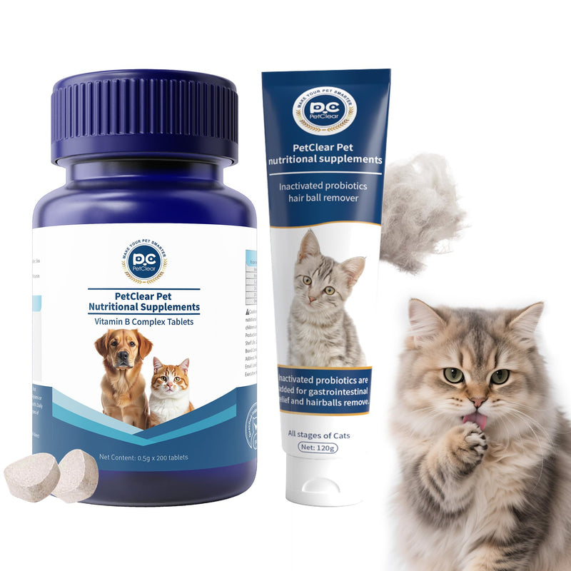 Vitamin B Complex Tablets+Hairball Paste for Cats Kit, Supports Pet Energy, Appetite, Nervous System Health, and Helps Cats Resist Hairballs