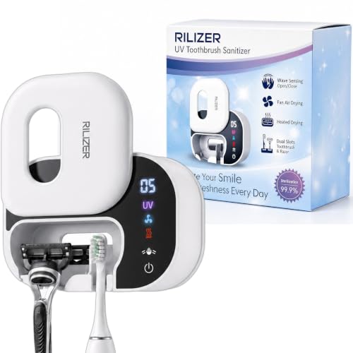 UV Toothbrush Sanitizer Holder, Wall Mounted Toothbrush Cleaner with UV Light, Touchless Wave Sensor Auto Inductive, Fan & Heated Drying, USB Rechargeable Toothbrush & Razor Holder White