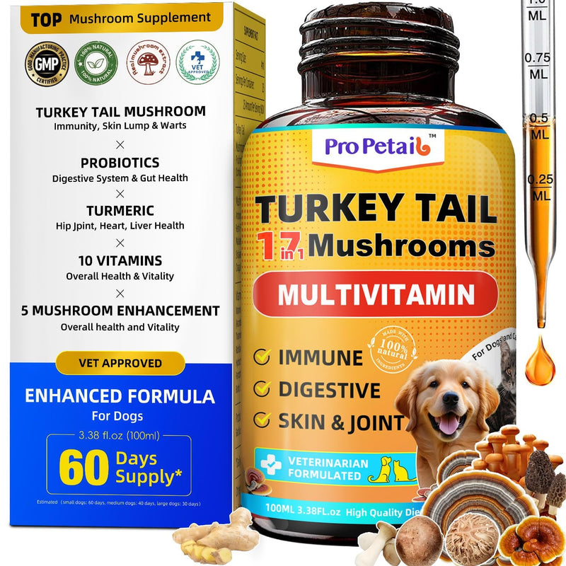 Turkey Tail Mushroom for Dogs Liquid 3000mg High Potency Blend Vitamins | Boost Immune, Energy Support, Skin Lump Support, Vet-Formulated, Daily Wellness, Turmeric & Probiotic, 100ml Roasted Chicken