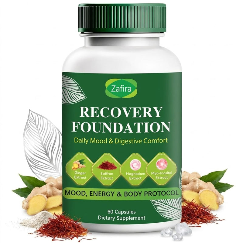 Zafira Organic Recovery Foundation Support, Organic Saffron Extract, Myo-Inositol, Ginger Root, Magnesium, Vitamins D3, B12 & C, Vegan Non-GMO Daily Wellness Supplement for Men & Women, 60 Count.