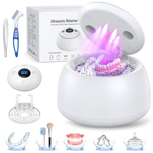 Ultrasonic Retainer Cleaner Machine, 52kHz Ultrasonic Denture Cleaner for Night Guards, Braces, Aligner, Toothbrush, Jewelry and More, Dental Cleaning Pod with Digital Timer & 250ML, White