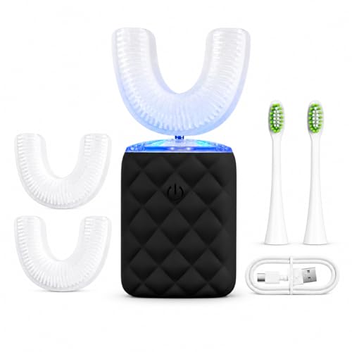 Sonic Automatic U Shaped Electric Toothbrush for Adults - 360° Full Mouth Cleaning, 5 Modes for Whitening & Gum Care, IPX7 Waterproof Rechargeable, Silicone Toothbrush Set Blck
