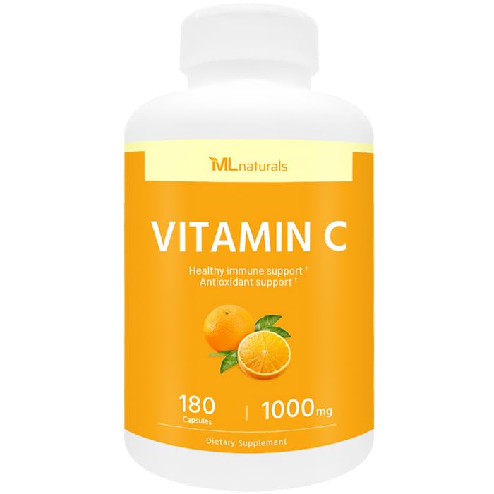 ML Naturals Vitamin C 1000mg Per Serving, 180 Capsules, Long-Lasting Effect, Gluten-Free, GMO-Free, Immune & Antioxidant Support | Long-Lasting Effect, Gluten-Free