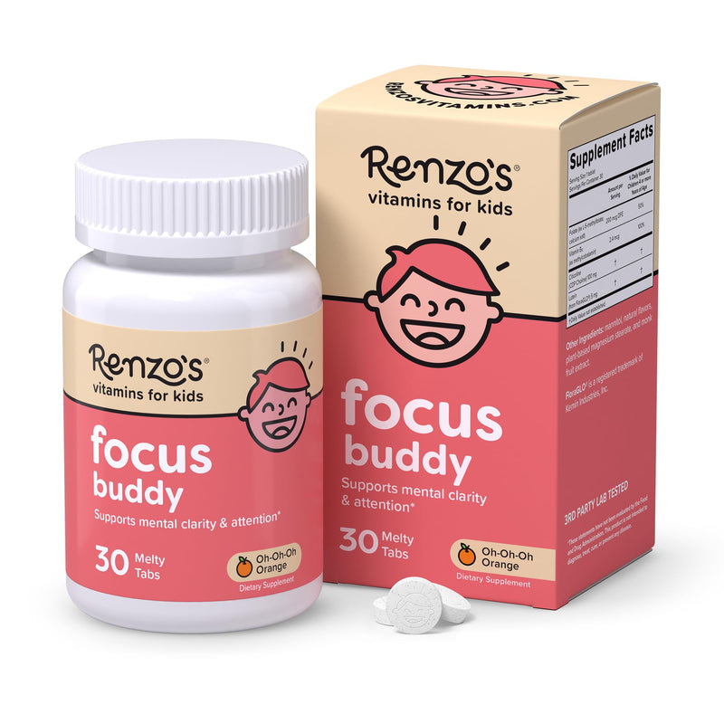Renzo's Focus Buddy Kids Brain Support, Dissolvable Tabs, 30-Count | Citicoline, Lutein, B12, Folate, Focus & Attention Support, Stimulant-Free, Sugar-Free, Orange Flavor, 1-Month Supply