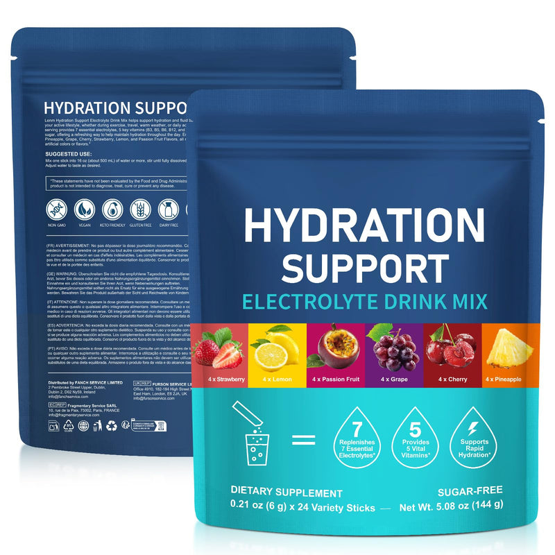 Electrolytes Sachets 24PCS, Electrolytes Powder with Hydration Nutrition, Zero Sugar Hydration Packets with 7 Key Electrolytes & 5 Vital Vitamins for Rapid Hydration, 6 Flavors