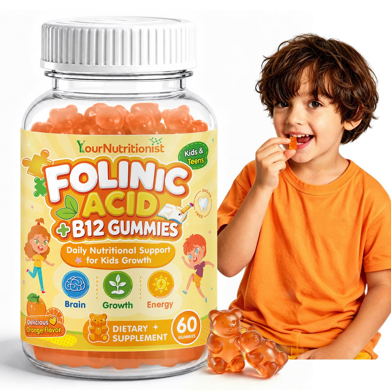 Folinic Acid Gummies for Kids, 1000mcg Folinic Acid + B12, Orange Flavor | Brain & Growth Support, Methylcobalamin B12, Sugar Free, Gelatin Free, Kids & Teens, 60 Count