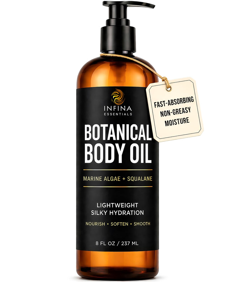 INFINA ESSENTIALS Botanical Body Oil for Dry Skin - 8 fl oz | After Shower, Lightweight Fast-Absorbing Daily Moisturizer with Marine Algae, Squalane & Vitamin E | Silky, Soft, Smooth Skin