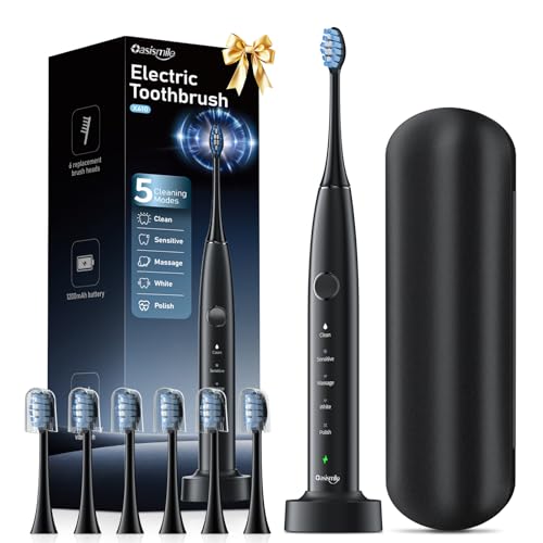 OasiSmile Sonic Electric Toothbrush, 42000 VPM Toothbrush with 6 Brush Heads & Travel Case, 5 Modes with 2 Minutes Built in Smart Timer, Wireless Charging, 100-Day Battery Life for Home Travel Black