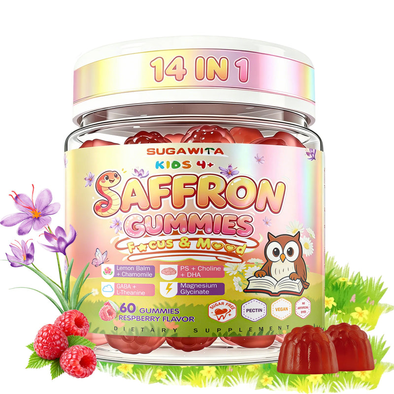 Saffron Gummies Kids Teen 14in1 30mg Saffron Extract No Sugar 60ct | Organic Saffron, Magnesium Glycinate, PS, L-Theanine, Chamomile, Vitamins B6 & B12, No Sugar, for Kids & Teens 4+