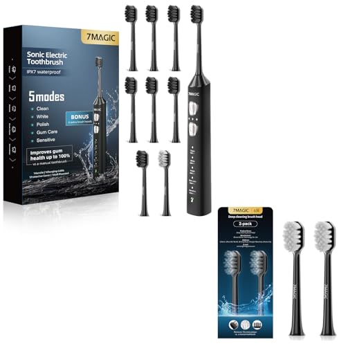 7MAGIC Black Sonic Electric Toothbrush Bundle with Genuine Brush Heads for Deep Cleaning 2-Pack