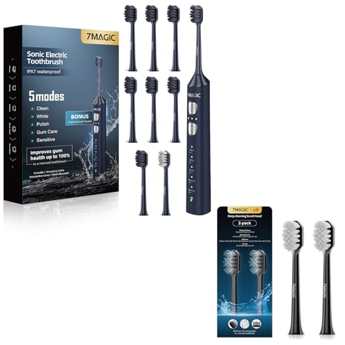 7MAGIC Navy Blue Sonic Electric Toothbrush Bundle with Genuine Brush Heads for Deep Cleaning 2-Pack
