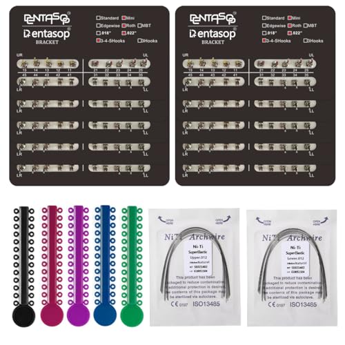 Dentasop Mini Roth Orthodontic Metal Bracket Kit, .022" Slot, 3-4-5 Hooks, 200 Pcs with Ligature Ties and NiTi Archwires