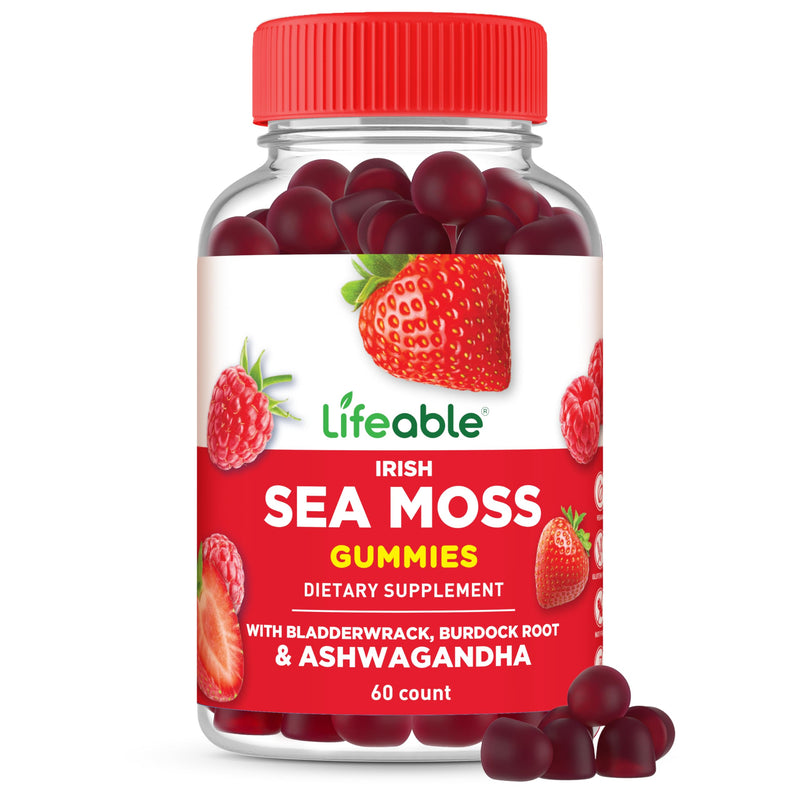 Lifeable Irish Sea Moss Gummies with Ashwagandha, for Women and Men, 60ct | With Bladderwrack and Burdock Root, for Thyroid Support, Immunity, Energy - Vegan, Gluten Free, Berry Flavor, No Fishy Taste