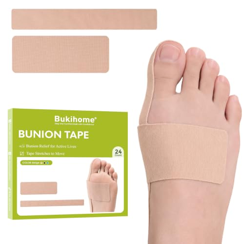 Bukihome Bunion Tape, 24 Pcs Pre-Cut Kinesiology Tape for Feet, Latex-Free Elastic Toe Support Tape for Pain Relief & Joint Comfort(Beige, 8 Wide + 16 Narrow) Beige Multi-Size(8 Wide + 16 Narrow）
