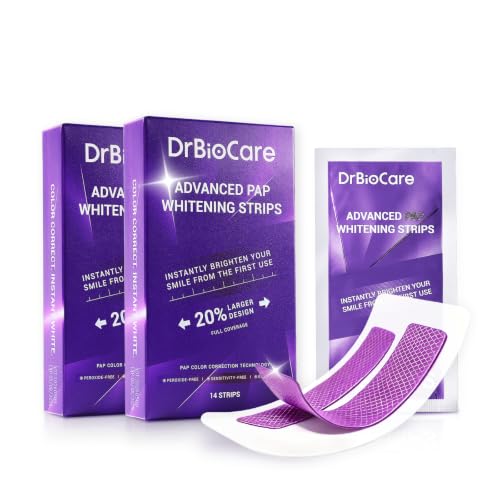 DrBioCare Pap Purple Teeth Whitening Strips for Sensitive Teeth – Peroxide Free, 20% Larger for Full Coverage, Non-Slip, Enamel Safe – Helps Remove Coffee & Wine Stains – 28 Strips (14 Treatments) 1 Count (Pack of 28)