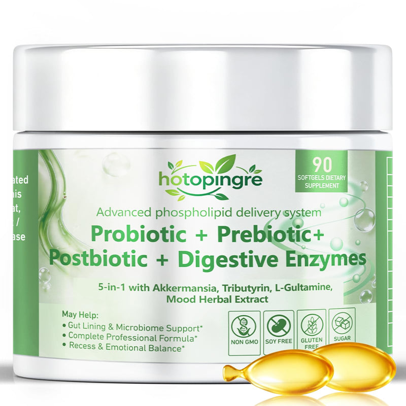 5-in-1 Probiotic Prebiotic & Postbiotic for Women Men, Akkermansia Probiotic w/Digestive Enzymes, Tributyrin, Prebiotic Sunfiber, Mood Herbal, Daily Oral Probiotic Immune Gut Health Gas & Digestive
