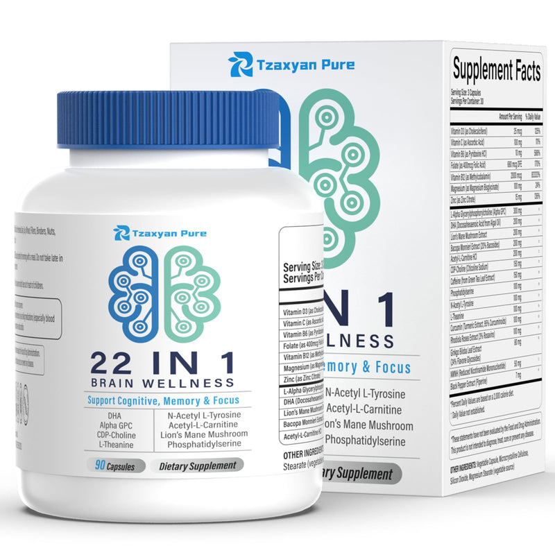 Brain Supplements for Memory and Focus - 22-in-1 Brain Supplement with Alpha GPC, Citicoline, Vitamin B12, Bacopa, Lion’s Mane, DHA - Brain Health for Clarity, Energy & Cognitive Support, 90 Count White 90 Count (Pack of 1)