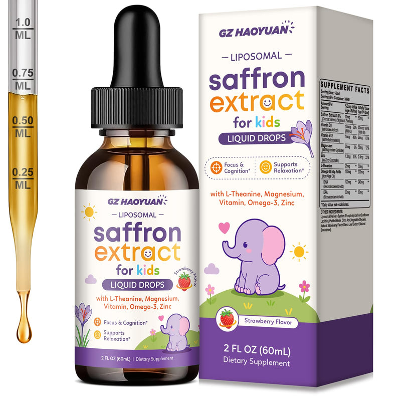 Liposomal Kids Saffron Drops, Saffron Supplements for Kids with L-Theanine, Magnesium, Omega-3 DHA EPA, Vitamin D3 & B12, Focus & Calm Mood Support for Children, Strawberry Flavor, 2 FL OZ