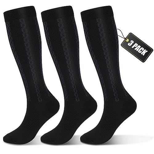 FULLSOFT Medical Graduated 30-40mmHg Compression Socks for Women&Men Circulation Knee High Socks Hiking Running Stockings Small-Medium 00-3 Pack-black