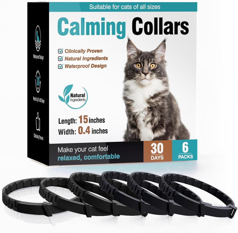 Calming Collar for Cats 6 Pack Cat Calming Pheromones Collar Stress and Anxiety Relief for 30 Days Pheromone Collars Adjustable Calm Care Products Anti Aggression Stop Meowing Relaxer for Cats in Heat Black