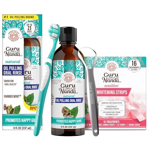 GuruNanda Complete Oral Care Bundle – Sensitive 16-Day Whitening Strips & CocoMint Oil Pulling with Toothbrush & Tongue Scraper for Clean Teeth & Fresh Breath