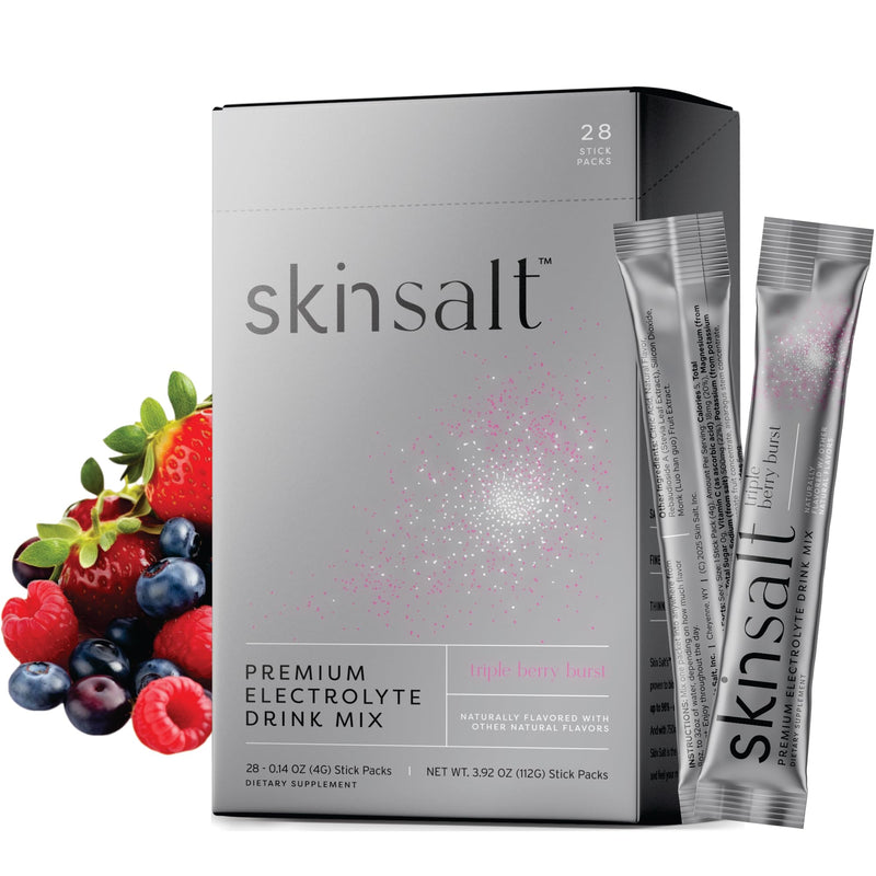 SKIN SALT® Electrolyte Powder Drink Mix - Triple Berry Burst - with Vitamin C, Hyaluronic Acid, Ceramides & DermaVal - Zero Sugar, Zero Caffeine, Vegan - 28 Stick Packs