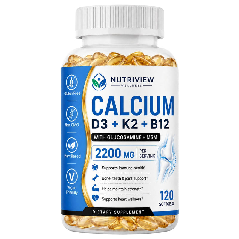 Nutriview Calcio D3 K2 B12 Softgels, 2200mg Calcium Supplement with Vitamin K2, D3, B12, Glucosamine &Chondroitin, Bone, Teeth & Muscle Function Support, Non-GMO, 120 Softgels