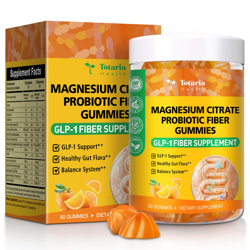 Orange Probiotic Fiber Gummies for Adults Teens, 60 Soluble Fiber Gummies | Fiber Supplement w/ Apple Cider Vinegar, Magnesium Citrate, FOS, Bacillus Coagulans, Inulin, Acacia for Digestion & Gut