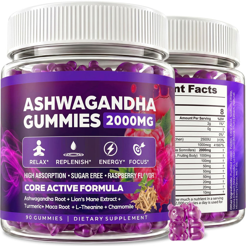 Ashwagandha Gummies, 2000mg Organic Ashwagandha for Women and Men, 90 Count | Cortisol Supplements with Lions Mane, Vitamin D3 B12, and L-Theanine for Stress, Relaxation, Sleep*, Sugar-Free, Vegan