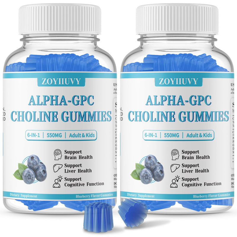 2 Pack Choline Gummies (ALPHA GPC) 550mg,Brain & Liver, Adults & Kids,120Ct | Choline Supplements with DHA, Vitamin B5, Liver, Brain & Cognition Health, Focus & Energy, Vegan, Sugar-Free, BlueberryFlavor 60 Count (Pack of 2)
