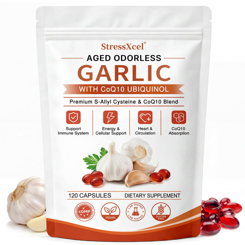 Aged Odorless Garlic Extract Softgels with CoQ10 Ubiquinol and Vitamin K2 - 1200mg Aged Garlic Supplement, S - Allyl Cysteine Standardized for Optimal Heart Health & Immune Support - 120 Softgels