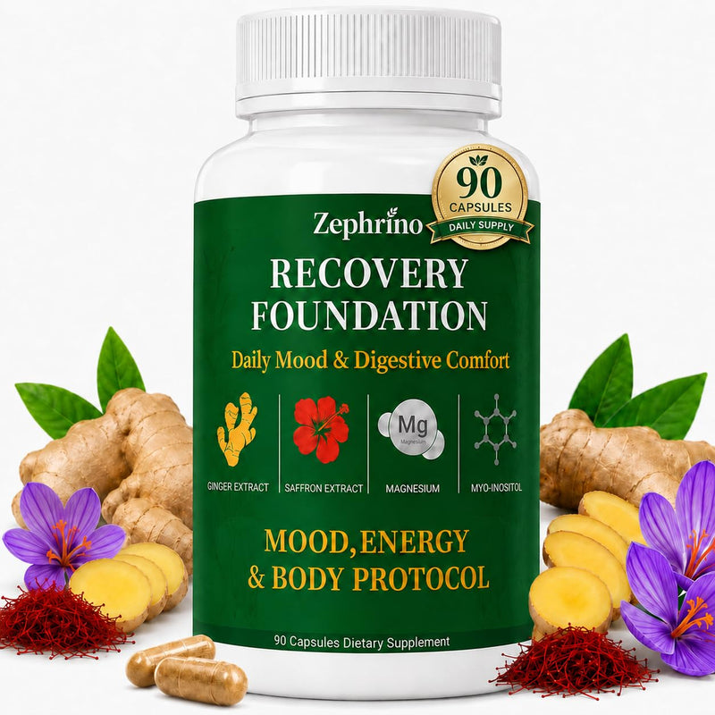 Zafira Organics Recovery Foundation Capsules – Mental Clarity, Hair & Mood Support, Natural Herbal Blend with Saffron Extract, Ginger Extract, L-Theanine, Myo-Inositol – Non-GMO, 90 Capsules