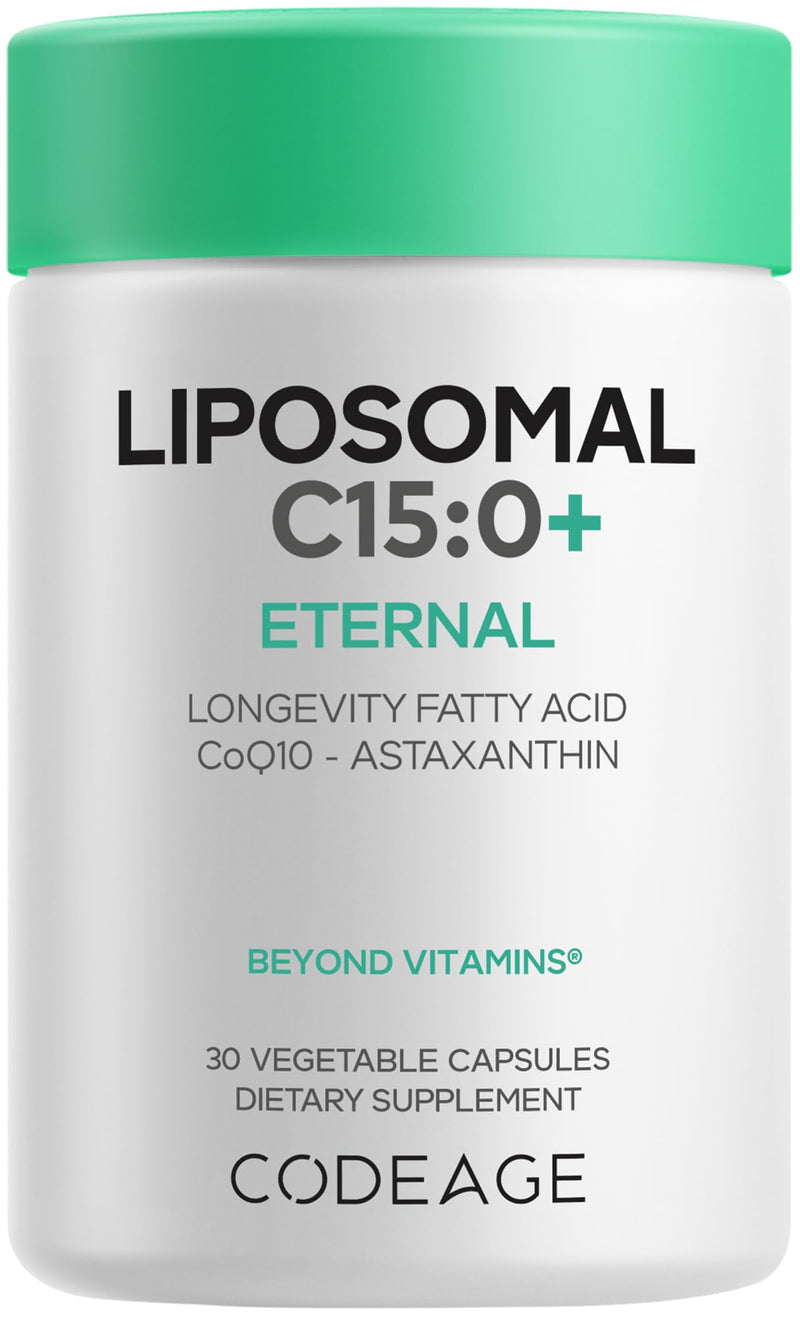 Codeage Liposomal C15:0, Pentadecanoic Acid, CoQ10, Astaxanthin, 30 ct | C15 fatty acid with CoQ10 & astaxanthin 10mg from algae. Liposomal delivery, non-GMO sunflower lecithin. Vegan. Non-GMO.