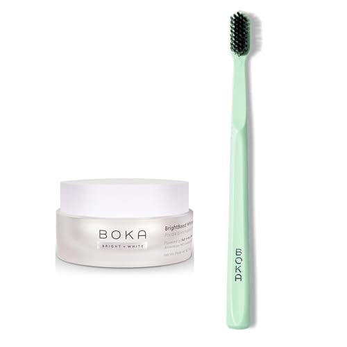Boka Teeth Whitening Powder - Nano Hydroxyapatite, Appropriate for Sensitive Teeth, Whitening with Boka Classic Manual Toothbrush with Extra Soft Activated-Charcoal, Tapered Bristles, Mint Bundle