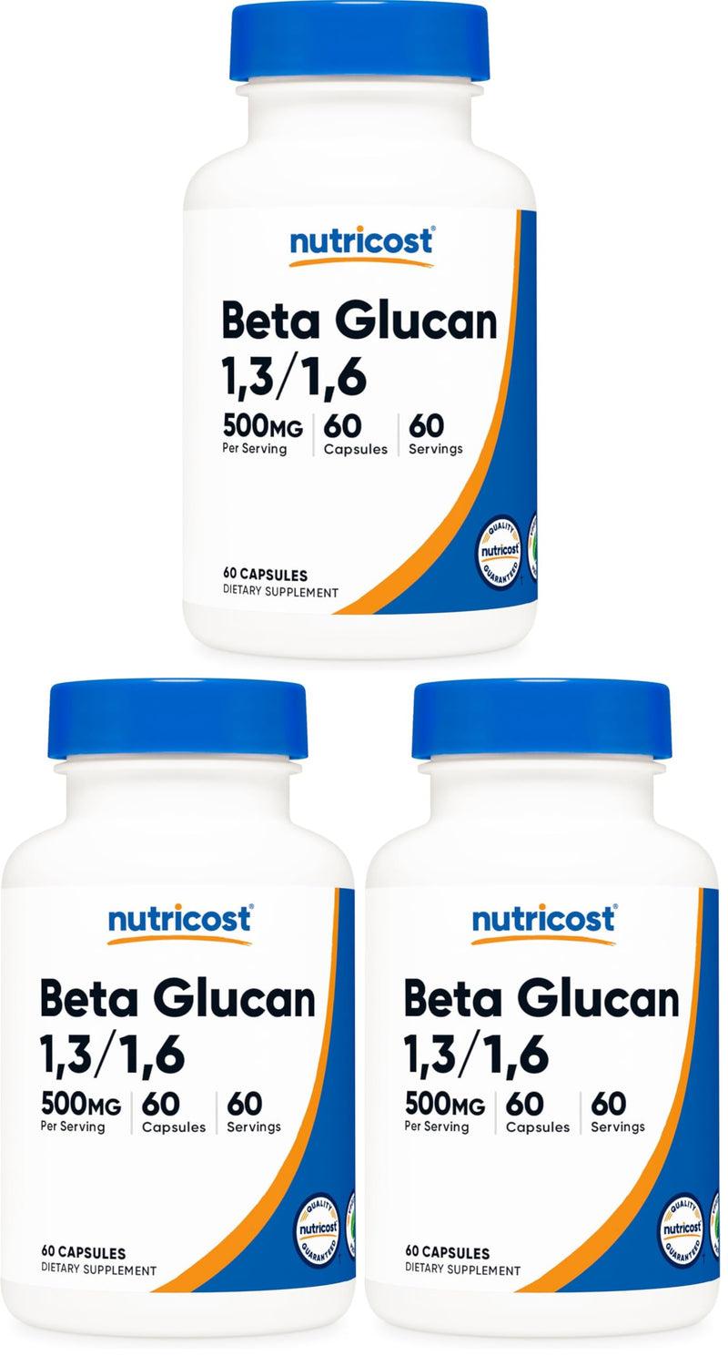 Nutricost Beta Glucan 500mg 1,3/1,6 D-Glucan, 60 Vegetarian Capsules - Gluten Free, Non-GMO (Pack of 3) 60 Count (Pack of 3)