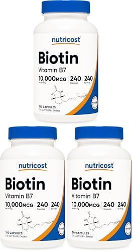 Nutricost Biotin (Vitamin B7) 10,000mcg (10mg) Vitamin Supplement, 240 Capsules - Vegetarian, Gluten Free, Quick Release, Non-GMO (Pack of 3) 240 Capsules (Pack of 3)