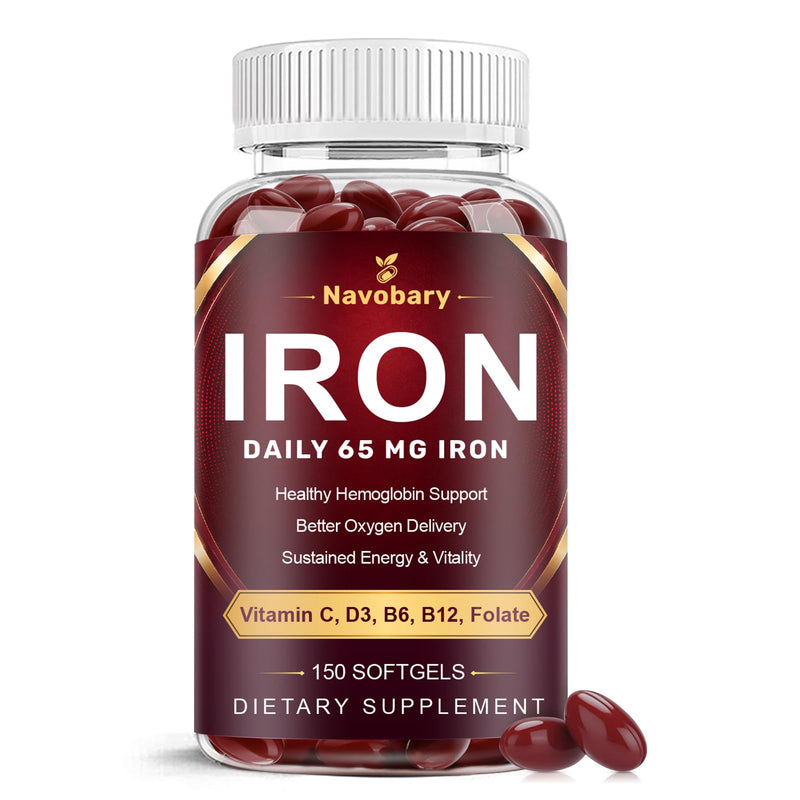 Iron 65mg 8-in-1 Multivitamin with B-Complex, B12 & Folate - 150 Softgels | Multivitamin with iron 65mg + B-Complex, Vitamin C, D3, E & Folate for blood & energy*. 2 daily, 75 day supply 150 Count (Pack of 1)