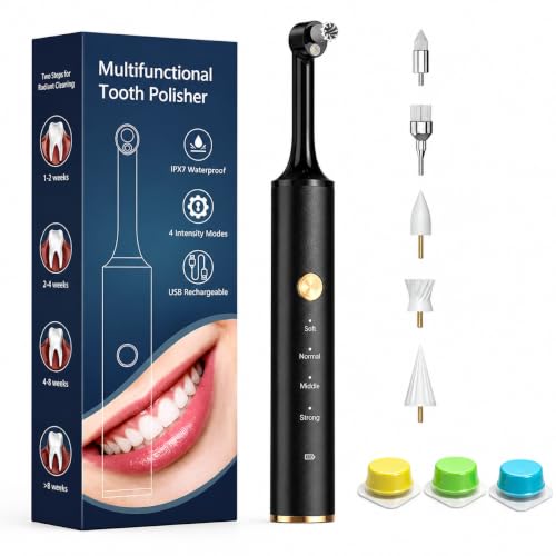 Tooth Polisher, Tooth Whitening Kit for Teeth Cleaning and Whitening, Rechargeable Teeth Polisher for People/Pets,Teeth Cleaning Kit with 5 Brush Heads (Black, Large, Style-A) Black 1 Count (Pack of 1)