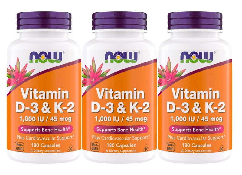 Now Supplements Vitamin D3 K2, 1,000 IU/45 mcg, Cardiovascular Support, Supports Bone Health, 180 Vegetarian Capsules - Vegan, Gluten Free, Kosher Vitamin D3 and K2 Supplements 180 Count (Pack of 3)