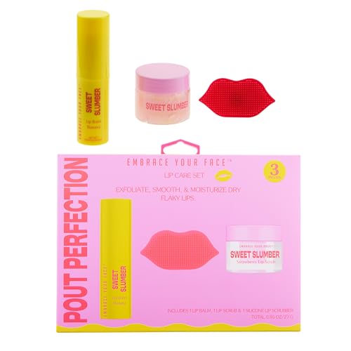 3pc Lip Care Set – Pout Perfection Strawberry Lip Scrub, Banana Lip Balm, and Silicone Lip Scrubber Tool – Exfoliating & Moisturizing Lip Treatment Kit – 0.95 Oz Tota