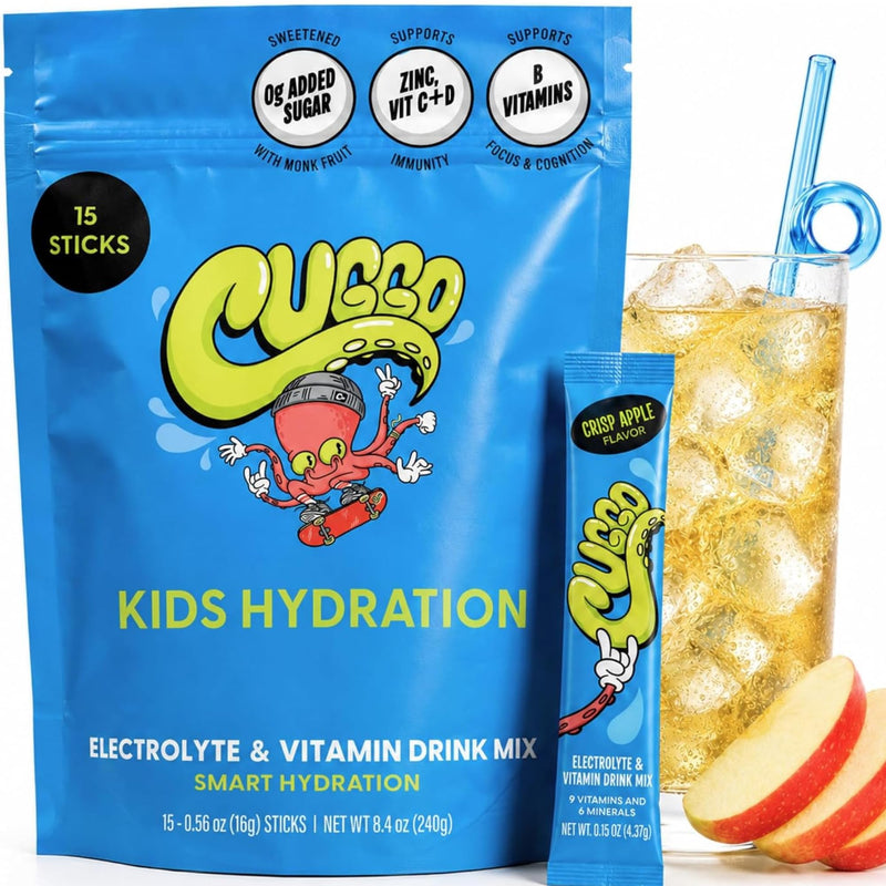 Kids Electrolytes Hydration Packets with No Added Sugar | Immunity Boosting Vitamins C, D, B & Zinc & Monk Fruit (15 Servings) (Apple Flavor)