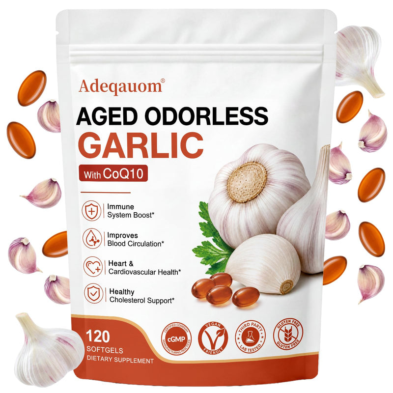 Aged Garlic Extract Softgels 1200 mg Odorless with CoQ10 Ubiquinol & Vitamin K2, 2 Years Aged Matured – Standardized for S-Allyl Cysteine | Heart & Immune Antioxidant Supplements, 120 Softgels 120 Count (Pack of 1)