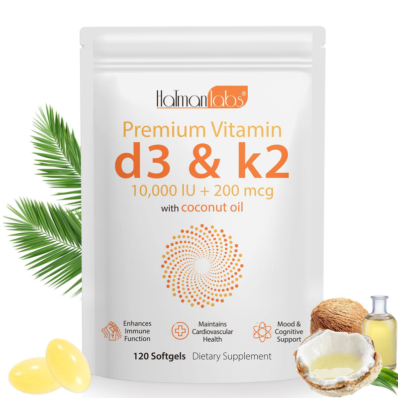 Vitamin D3 K2 Supplement Softgel, Vitamin D3 K2 Softgel with 10000 IU Supports Immune, Heart, Teeth & Bone Health, Free of GMO, Gluten, Soy, 120 Softgels 1 Bag | 60-day Supply