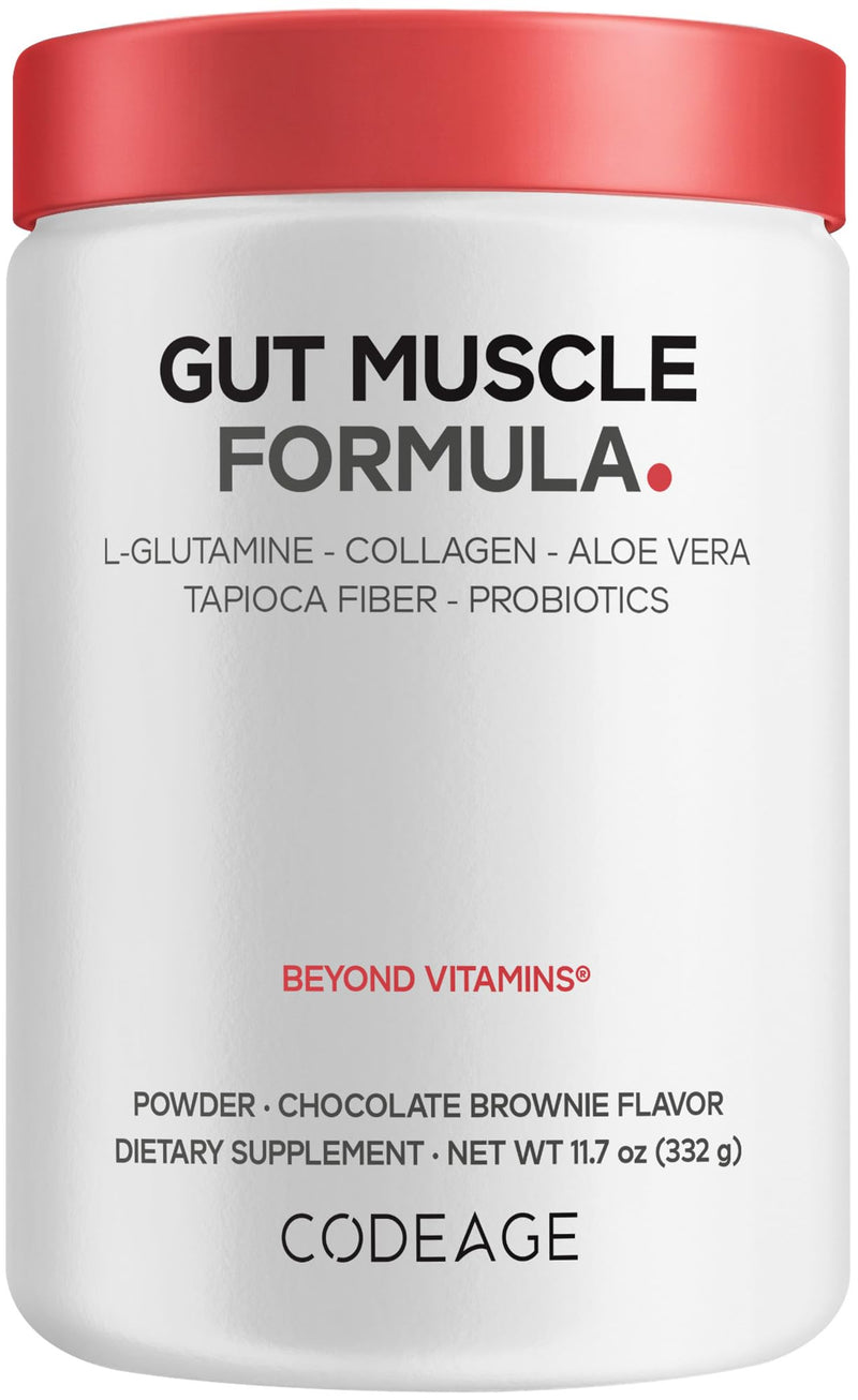 Codeage Gut Muscle, Glutamine, Collagen, Probiotics, Chocolate, 11.7 oz | L-glutamine, hydrolyzed bovine collagen, tapioca fiber, aloe vera, Bacillus coagulans, zinc bisglycinate. Non-GMO.